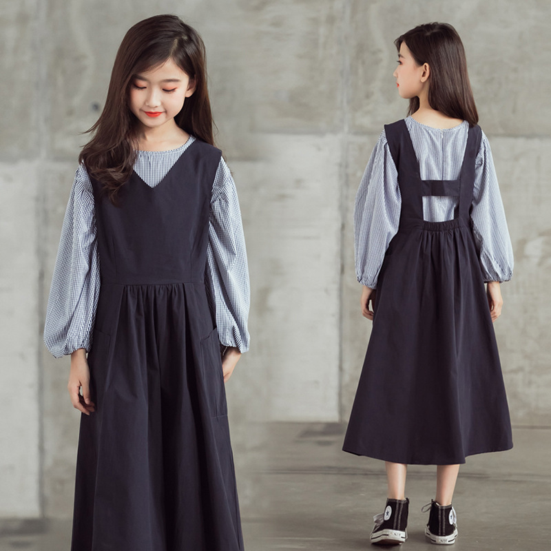 「120-170号」女の子 サロペットワンピース+チェック柄シャツ セット ドレス キッズ 子供服