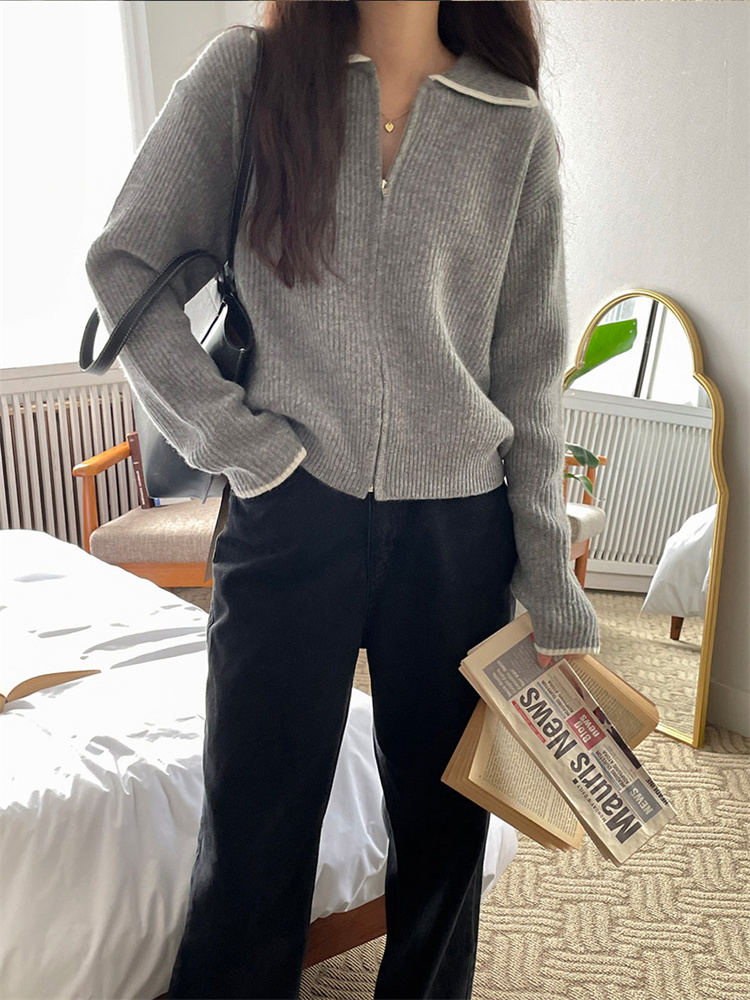 デイリーに使える 韓国ファッション カーディガン ニットトップス ジッパー 厚手 セーター スリム
