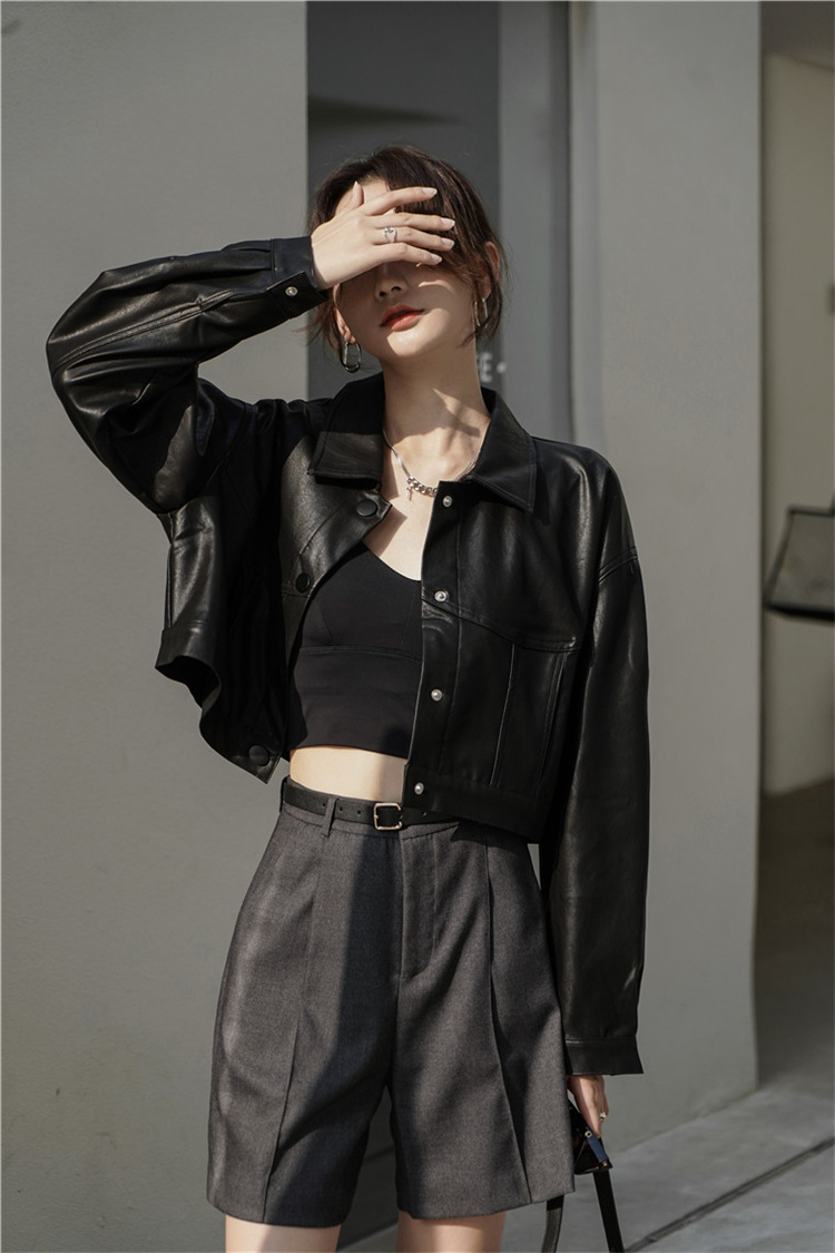 【季節にピッタリ！】韓国ファッション 2021 秋冬 気質 短いスタイル スリム 単体ボタン pu レザー コート