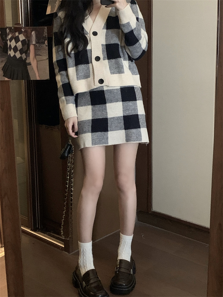新しいデザイン 韓国ファッション セーター ミニスカート セット 格子縞 sweet系  ニットトップス