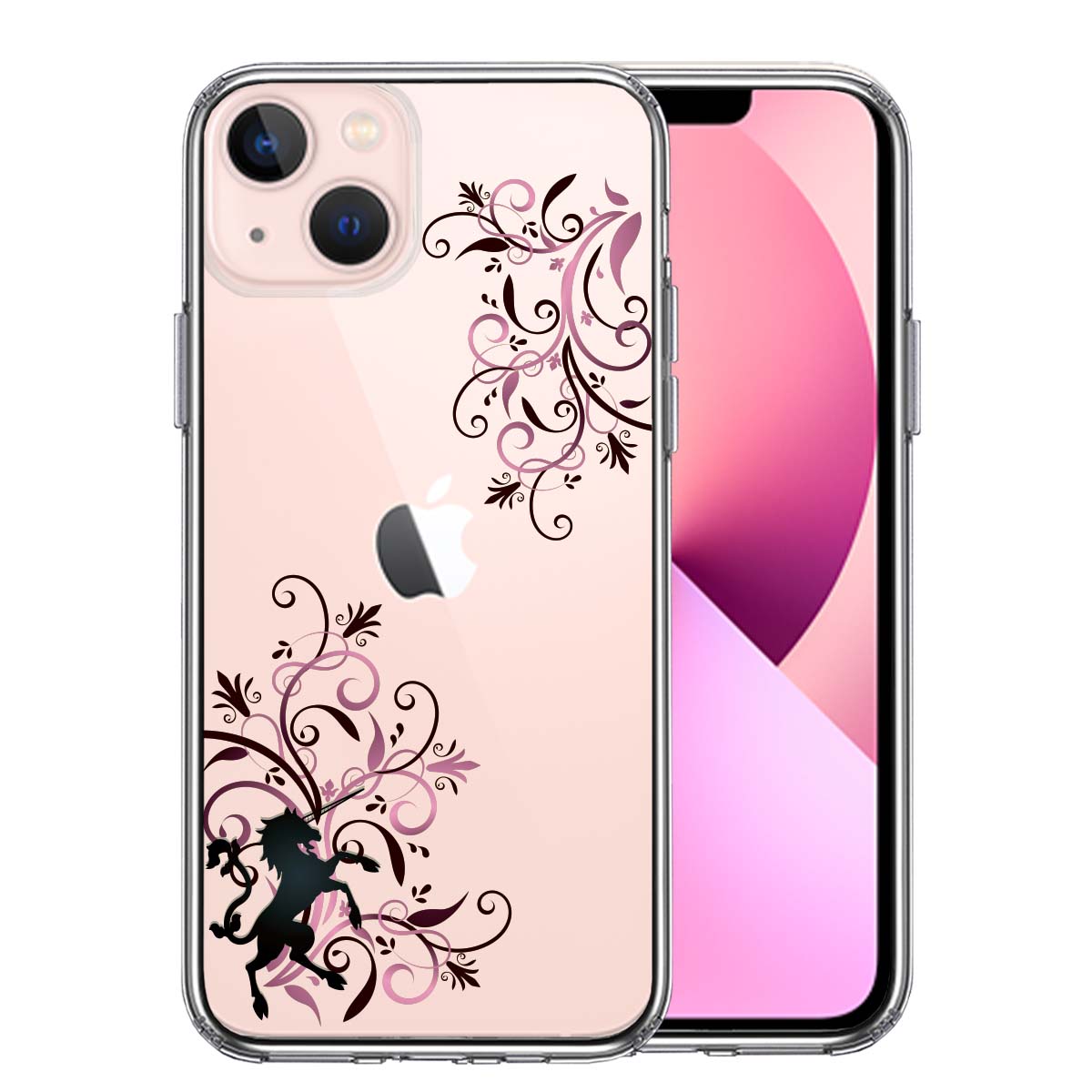 iPhone13mini 側面ソフト 背面ハード ハイブリッド クリア ケース フローラル ユニコーン ピンク
