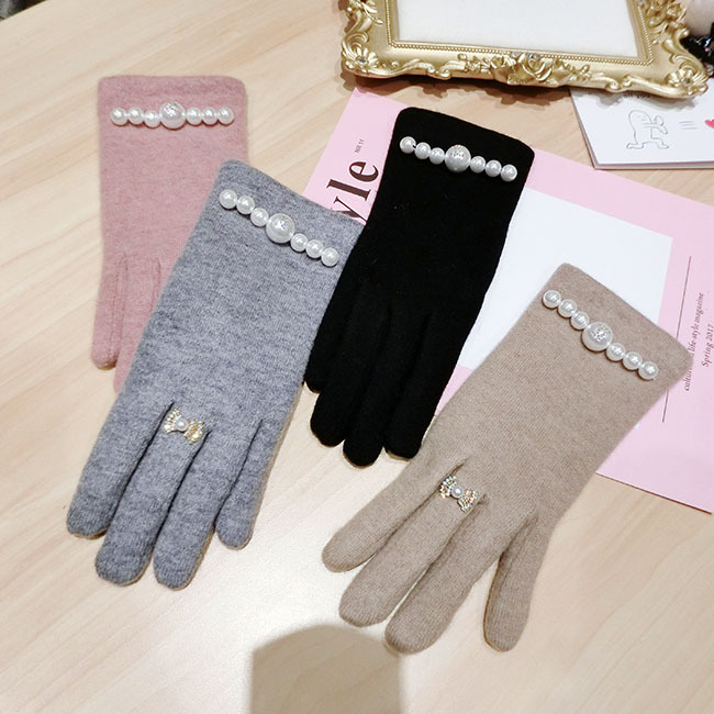 秋冬手袋　5本指　パール　上品　あったか　レディース　韓国ファッション