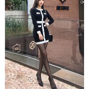 フェミニンなシルエット韓国ファッション 黒と白 カラーマッチング 気質 スリム ニットワンピース