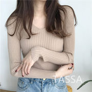 韓国系 シンプル 合わせやすい Vネック 体型カバー 長袖 ニット生地  セーター