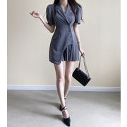 【2021INS 新作】シンプル ギャザー 半袖 折り襟 シャツ チュニック ワンピース OLファッション韓国系