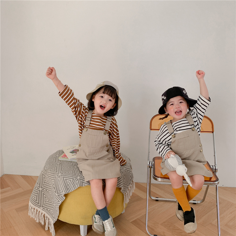 韓国子供服春の新型子供服女の子綿麻縞長袖tシャツ