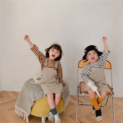 韓国子供服春の新型子供服女の子綿麻縞長袖tシャツ