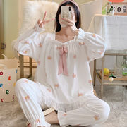 新しいシンプルな女性のパジャマ薄い学生かわいい蝶ネクタイ家庭服快適な綿パジャマセット秋
