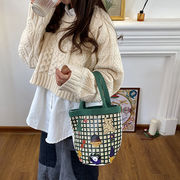 バッグ　バケツバッグ　片肩　手提げ　韓系　フレッシュ　かわいい　緑格子　弁当バッグ　ママミバッグ