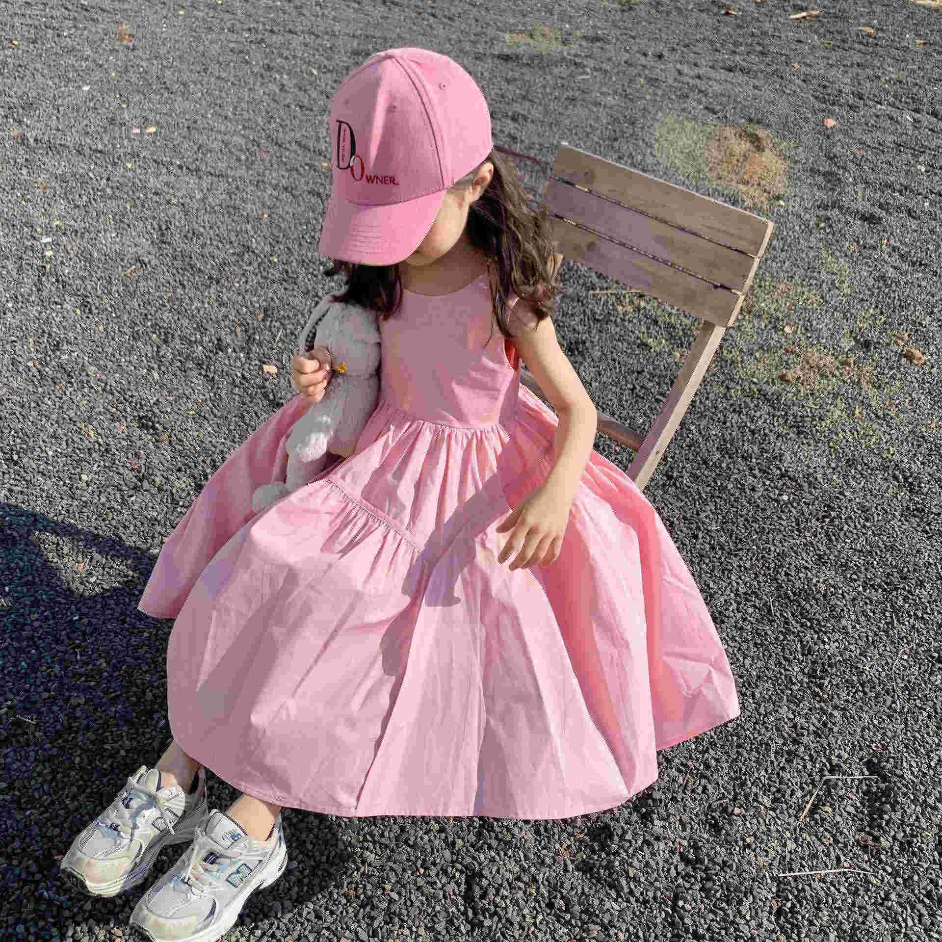2022 夏新作 韓国子供服 INS  夏服 人気 ピンクゆったりし 袖なし ワンピース 可愛いプリンセススカートた