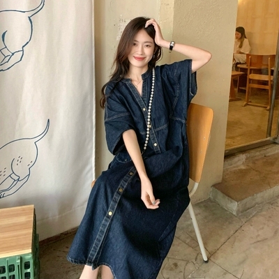 デニム ワンピース 女 アンティーク調 フランス語 設計感 太もも ロングスタイル iwearparts Com