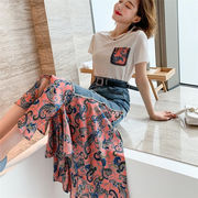 INSスタイル 2022年春夏 新しい 半袖 Tシャツ+デニム 縫付 フリル スカート セット 女性