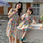 お勧め 春夏新作 韓国風子供服 女の子 リボン 親子服 花柄 半袖ワンピ シフトドレス ワンピース7-15