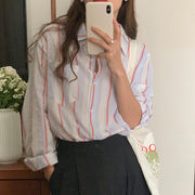 秋INS 新作  カジュアル 韓国ファッション ストライプ柄　シングルブレスト シャツ/ブラウス