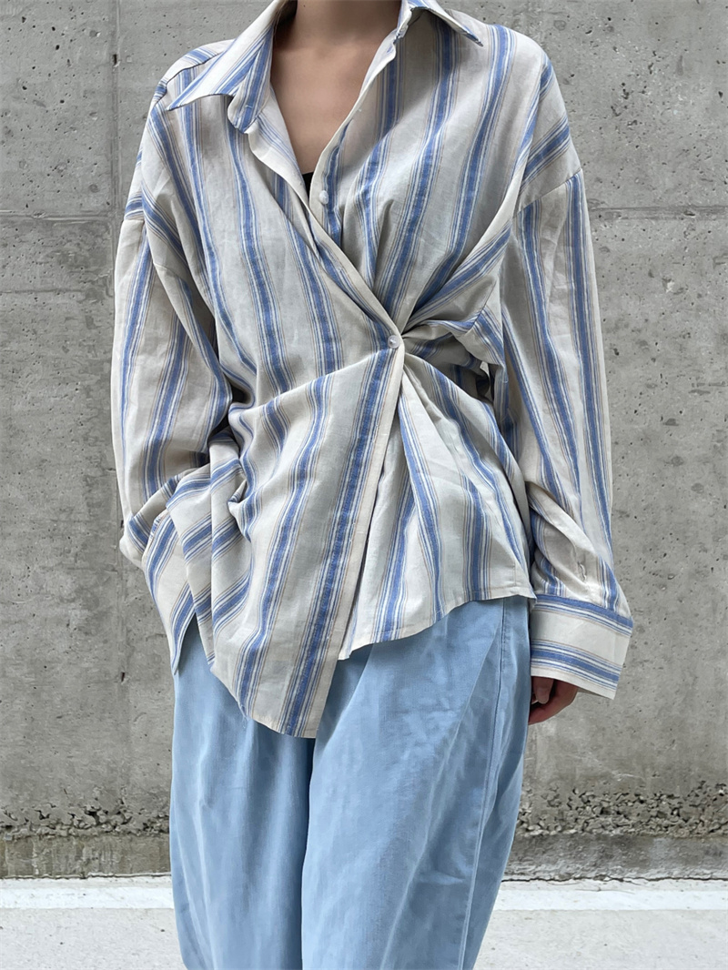 INS 秋新作 ファッション レトロ 気質 ストライプ柄 シングルブレスト長袖 シャツ/ブラウス