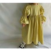 春秋　子供服　ワンピース　女の子　リネン　カジュアル　レモングリーン　長袖ワンピース　Aライン