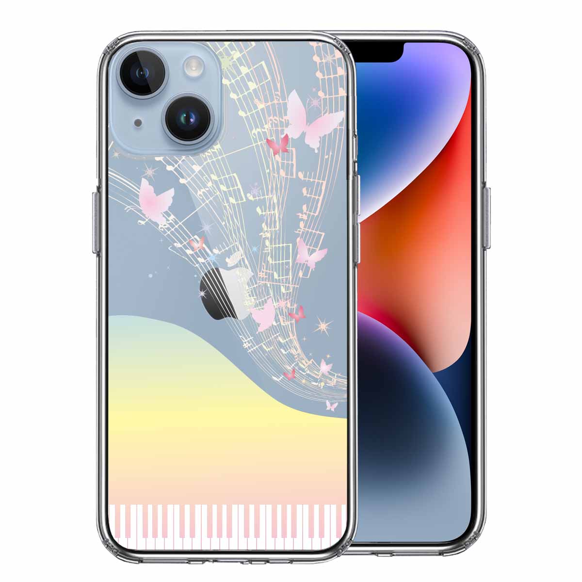 iPhone14 側面ソフト 背面ハード ハイブリッド クリア ケース 虹色 ピアノ