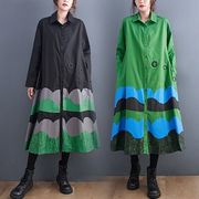 XY2色春と秋新作ファッション韓国版復古的でゆったりしたプリント長袖気質綿シャツワンピースJGX