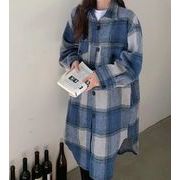 韓国風 　レディース コートシャツ  チェスターコートチェック柄 ロング ゆったり コートカジュアル綺麗