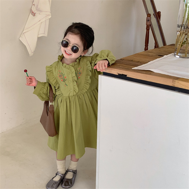 韓国子供服 ファッション 可愛い レトロ 長袖 ワンピース 女の子 ししゅう フレア キッズ服