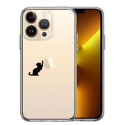 iPhone13 Pro 側面ソフト 背面ハード ハイブリッド クリア ケース 猫 リンゴ キャッチ