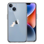 iPhone14 側面ソフト 背面ハード ハイブリッド クリア ケース 猫 リンゴ キャッチ ホワイト