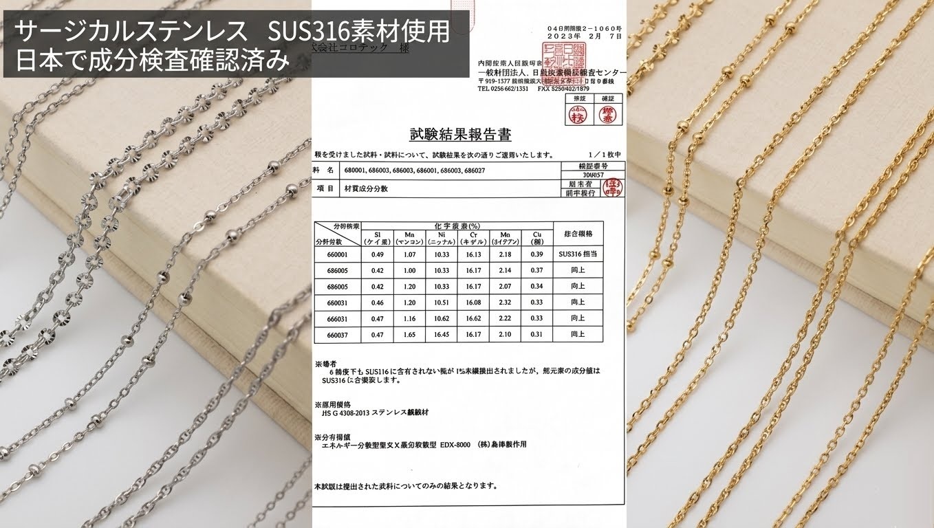 サージカルステンレスSUS316レスネックレス（完成品）/金属アレルギー対応/日本で成分検査済み/基礎金具