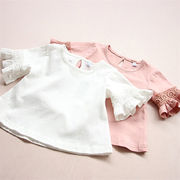夏新作  子供服 女の子 純色   ラウンドネック  フレアスリーブ  半袖Tシャツ   韓国ファッション  2色