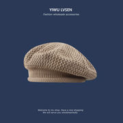 韓国風シンプル無地ニットベレー帽子春夏通気透かしキャンディ色つぼみ万能型画家帽