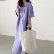 韓国シンプル綿麻ワンピース2023夏新作ゆったり半袖ロング綿麻シャツスカート