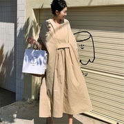 韓国カジュアルロングワンピース2023春新作ゆったりシンプルVネック大きめシャツスカート