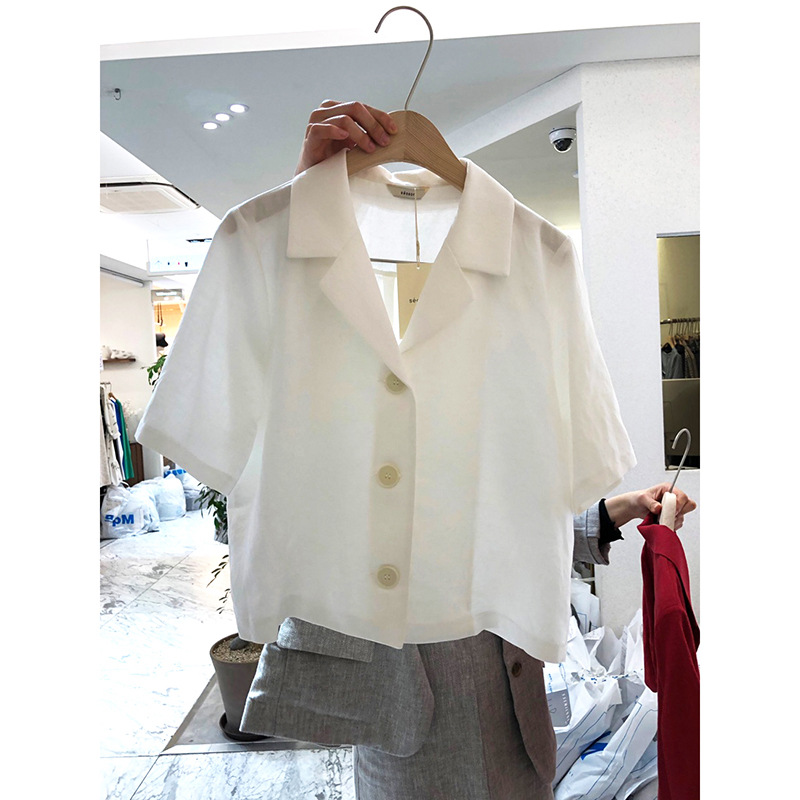 韓国2023春夏新作レトロな開襟半袖シャツ女無地ボタンカジュアルゆったりシャツ