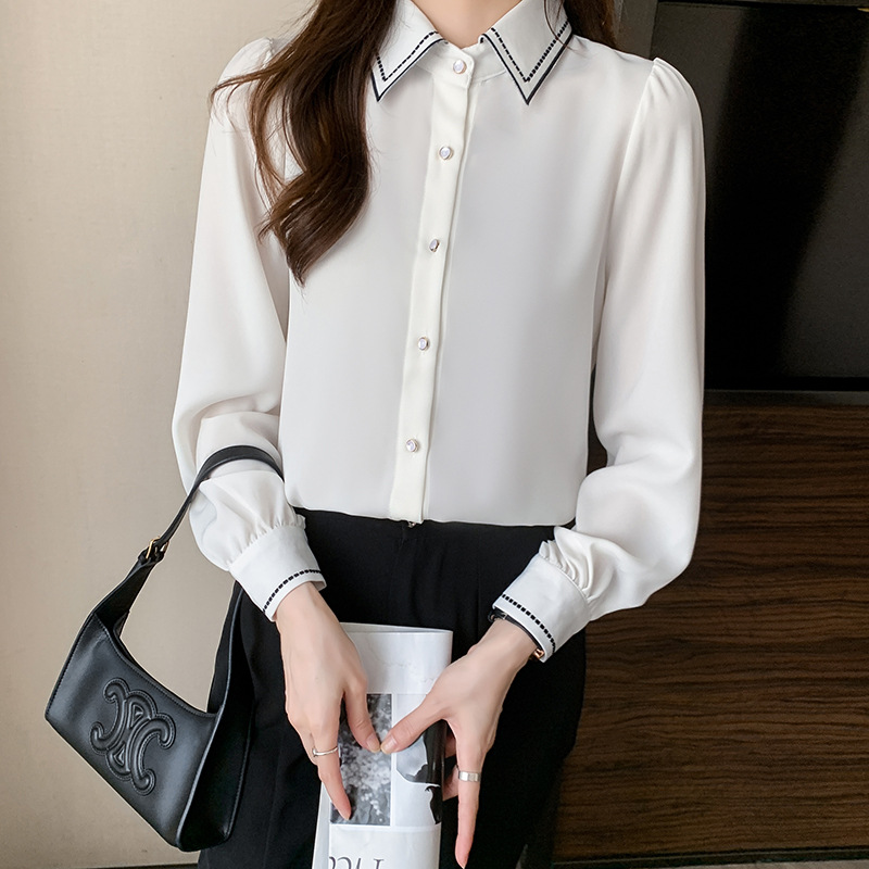 白シャツ女性用長袖シフォントップス2023春ファッション気品職業シャツ
