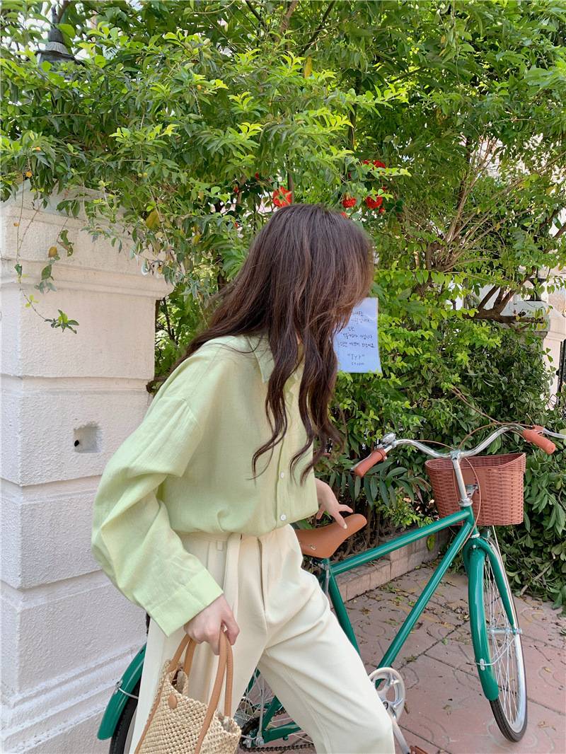 韓国春の新作小シャツゆったりとした優しい雰囲気長袖薄型シャツ