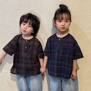 2024夏  韓国風子供服  キッズ服  ベビー服   半袖  トップス   シャツ   チェック  ブラウス   2色