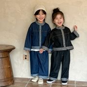 2024春秋新作   韓国風子供服   キッズ服  ベビー服  デニムコート+ジーンズ   セットアップ  2色