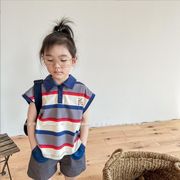 超人気新作 韓国風子供服 ベビー服 キッズ シャツ ボーダー 袖なし カジュアル 刺繍 トップス 2色