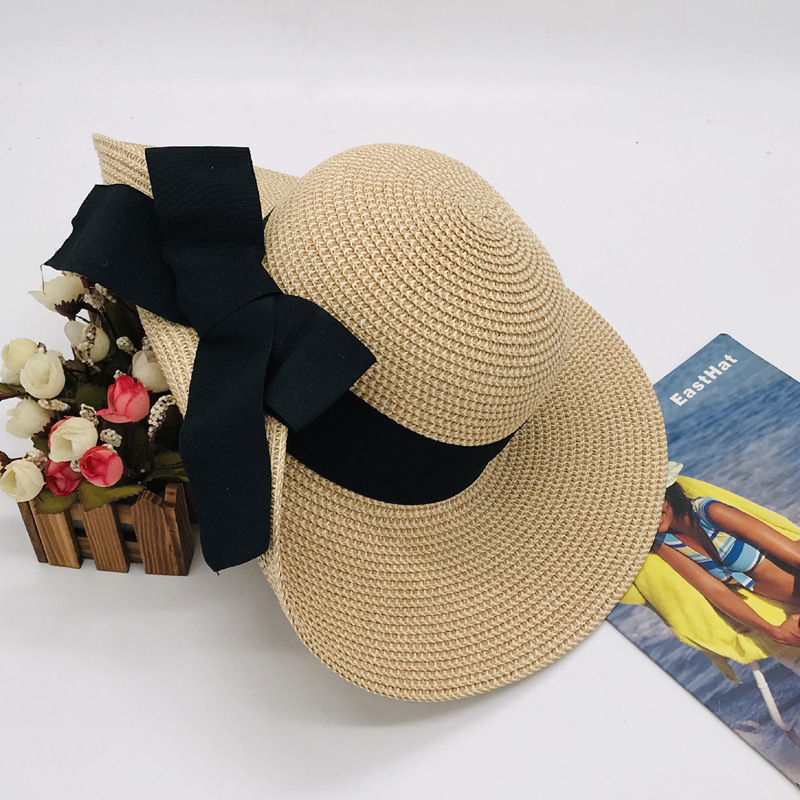 夏春旅韓国ファッション旅行大リボン日焼け止め日除け折りたたみビーチハット大麦わら帽子