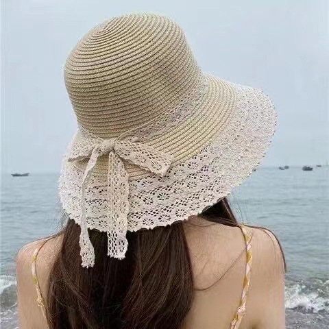 夏の日除け麦わら帽子スウィート可愛いレースバケットハット帽子海辺リゾート折り畳みビーチ太陽帽子