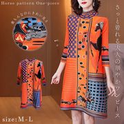ワンピース 馬柄 オレンジ 膝上丈 MサイズorLサイズ 伸縮性 ホース オリエンタル 韓国ファッション