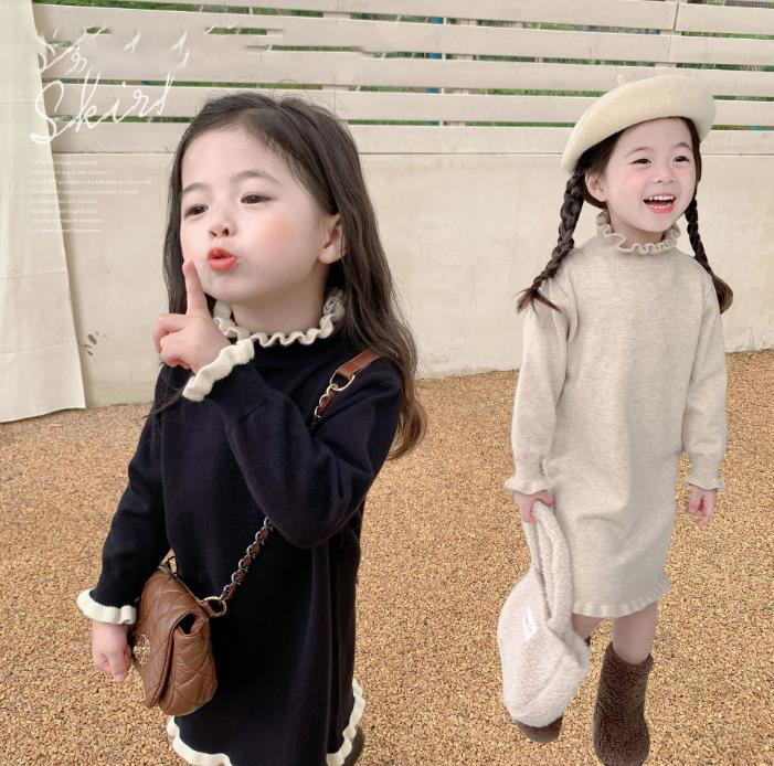 秋冬新作 韓国風子供服   ニット ワンピース  長袖   女の子  可愛い   ファッション  2色
