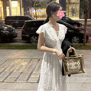 2023夏韓国風新作刺繍小飛袖ワンピース女性Vネック気品ロングスカート
