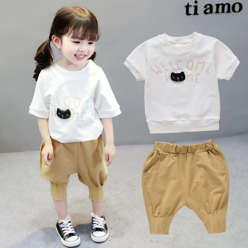 子供服 2点セット トップス+ハレムパンツ 女の子 男の子 半袖 刺繍 半袖Tシャツ コットン ズボン