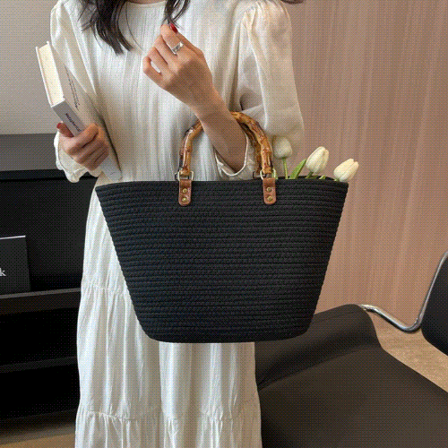 かごバッグ　ハンドバッグ　手作り　ビーチバッグ　カゴバッグ　ボーダー柄　韓国ファッション　春夏