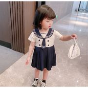 韓国子供服 ワンピース 女の子 夏服 新作 お洒落 可愛い ワンピース 海軍風 半袖 膝丈