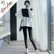 妊婦秋スーツファッション新黒と白のスプライシングシャツツーピーストップ