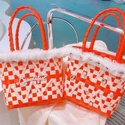 ★Kids&Ladies★　PVC編みバッグ　レッドショッピングバッグ　DIYバッグ　クリスマス