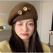 帽子　ニットベレー帽　韓国ファッション　レディース　デザイン　秋冬　ボタン　デザイン
