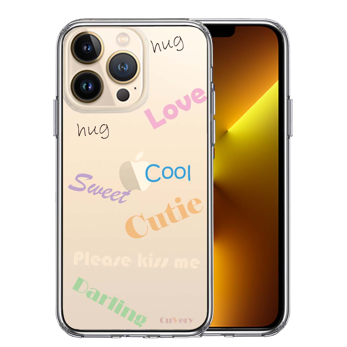 iPhone13 Pro 側面ソフト 背面ハード ハイブリッド クリア ケース Love sweet hug cutie 文字 デザイン
