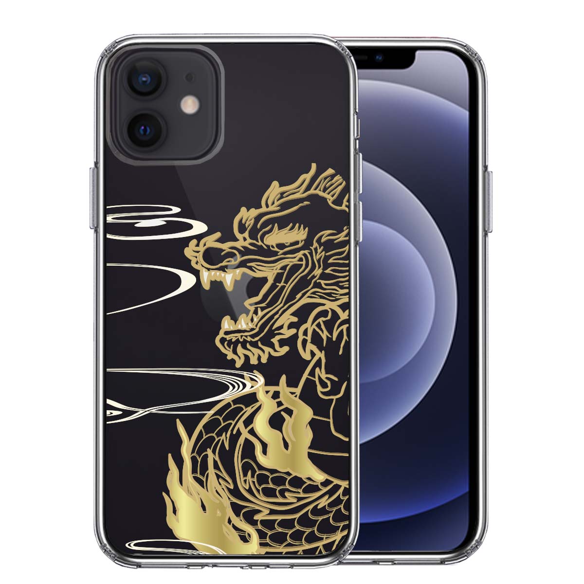 iPhone12mini 側面ソフト 背面ハード ハイブリッド クリア ケース 龍 竜 ドラゴン ゴールド